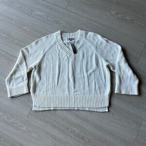 J Crew Heritage Cotton Relaxed Vneck Sweater Womens Medium White CJ906 Flaw